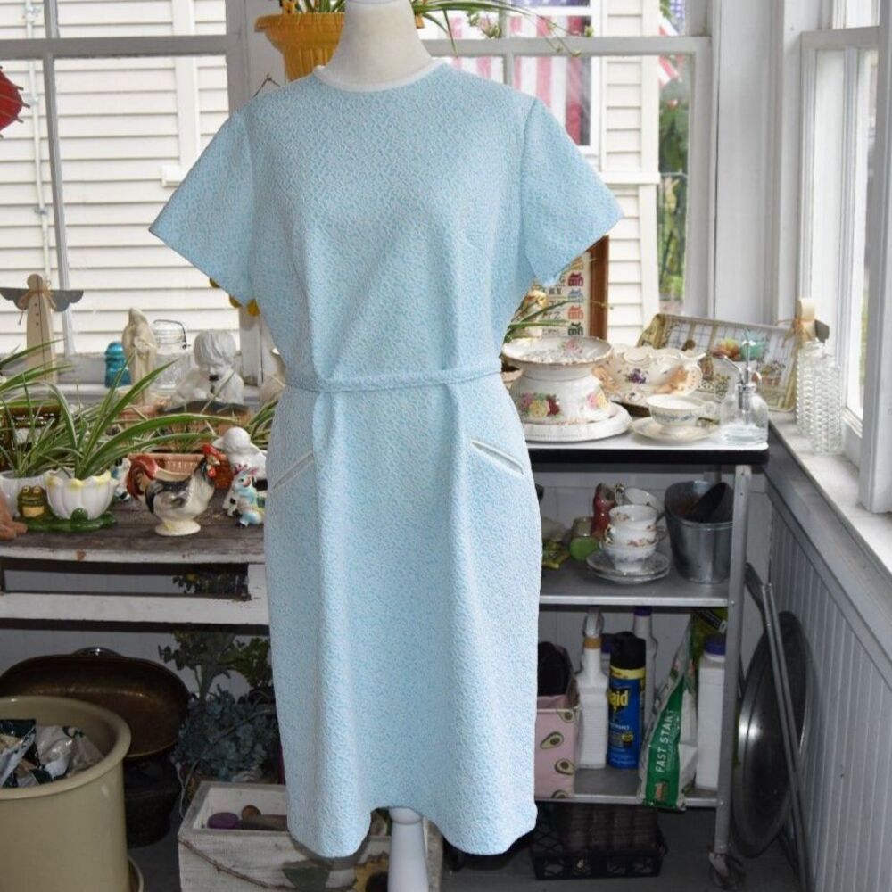 Vintage 60s 70s Blue Textured Knit Shift Dress Belt Pockets W Belt Size XL
